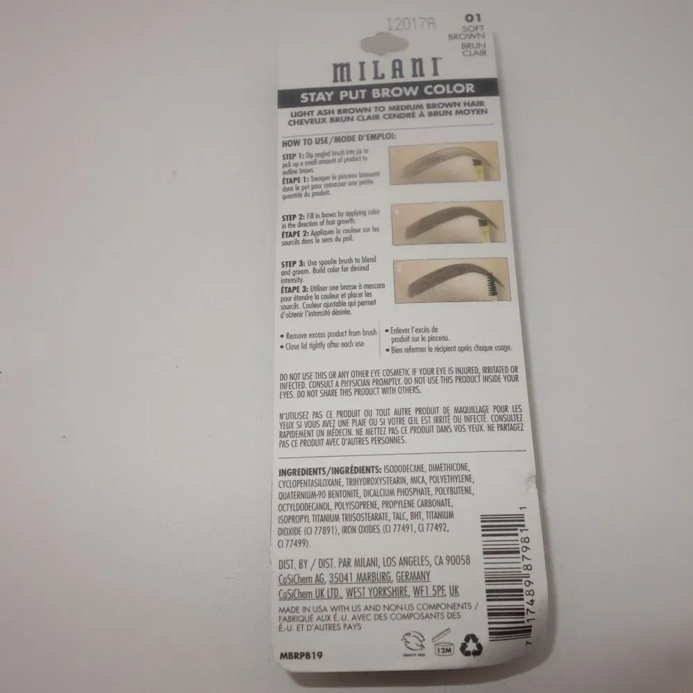 NEW Milani Stay Put Brow Color 12 hr Wear 01 Soft Brown .09Oz